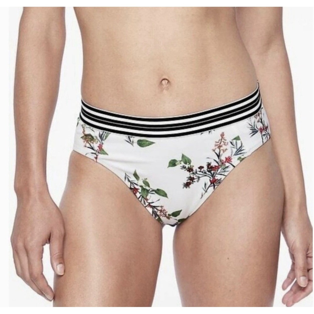 Athleta Gold Coast Floral Bottom Women M White New Swim Bikini Mid Rise Stripe